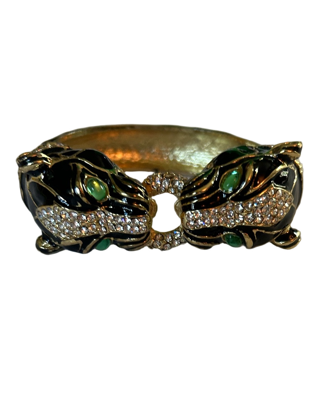 Vintage hinged double headed panther bracelet black enamel and green eyes